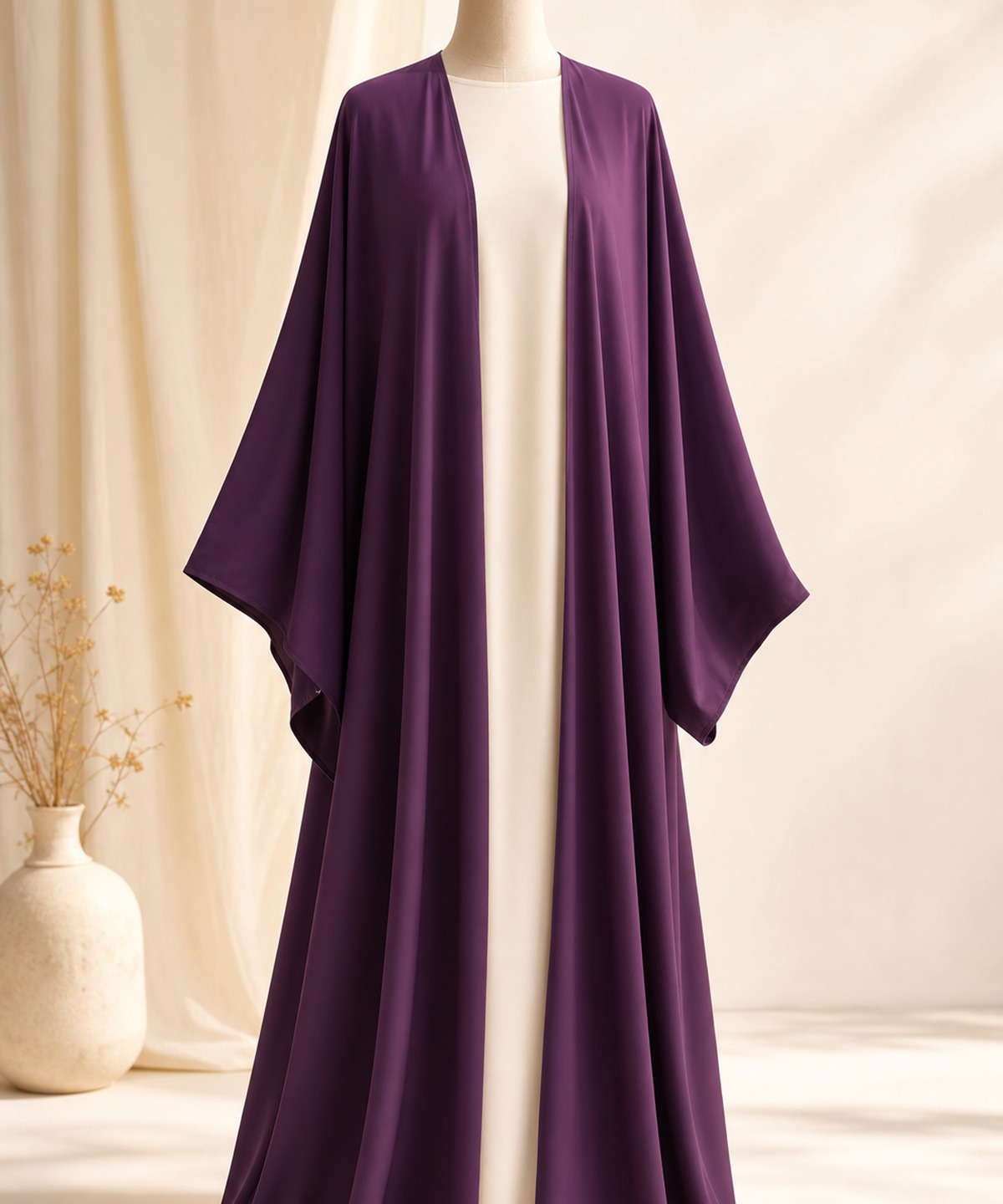 Flowing abaya in plum crepe on a mannequin