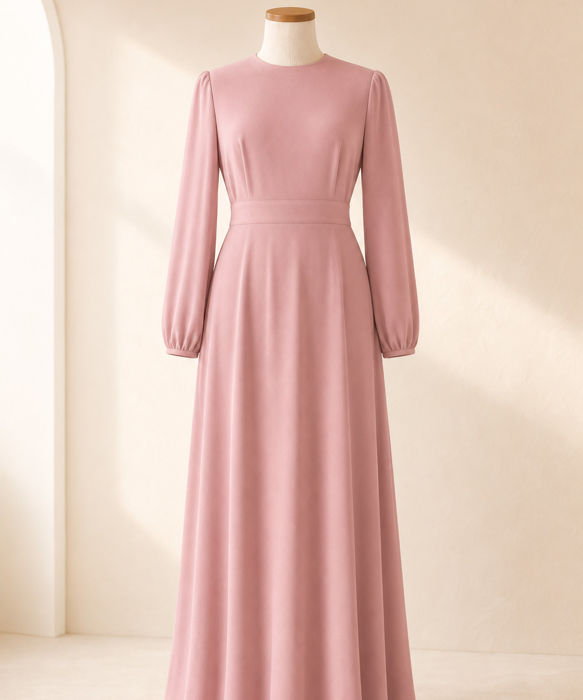 Modest maxi dress with long sleeves on a hanger