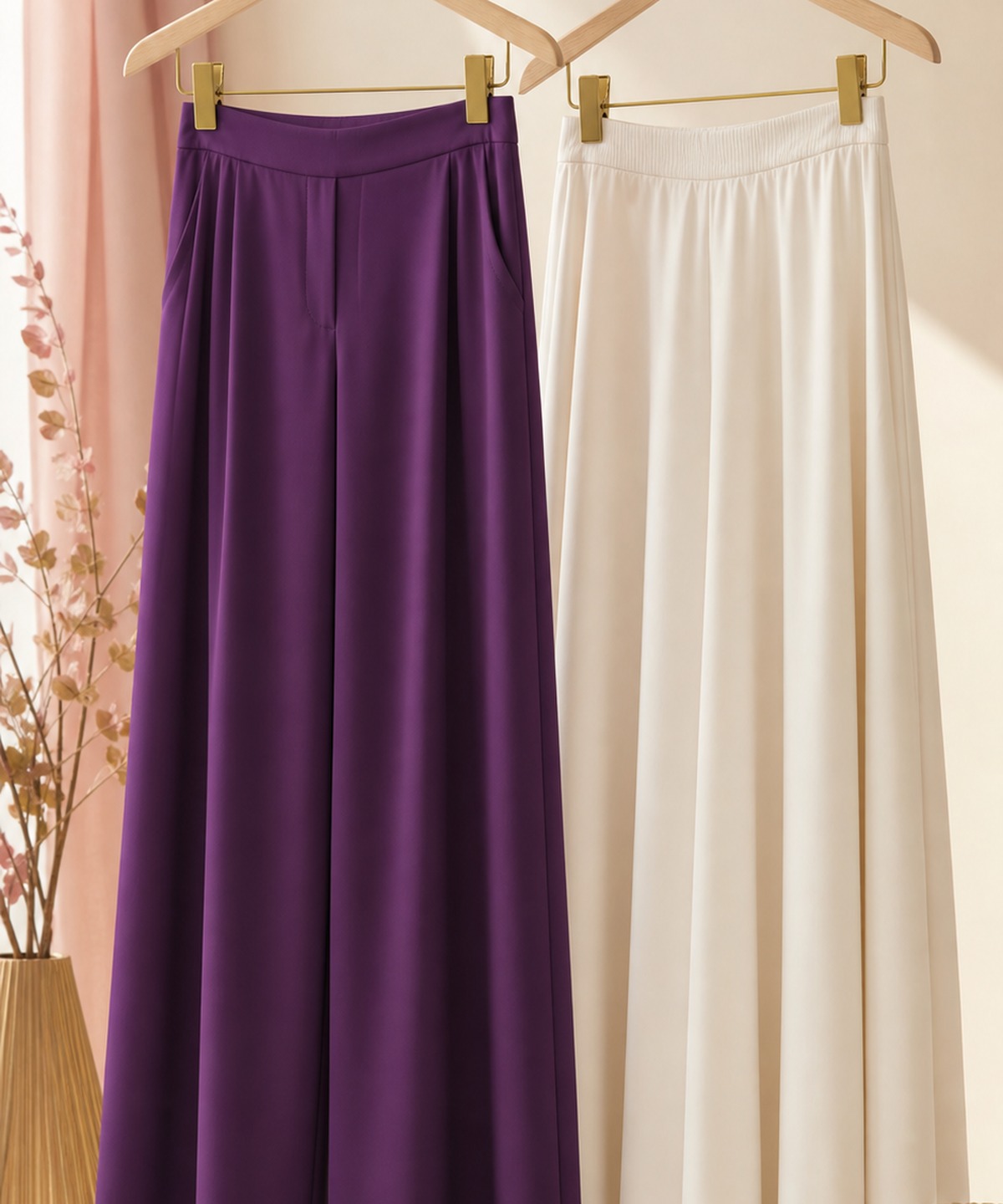 Wide-leg modest trousers and maxi skirt on hangers