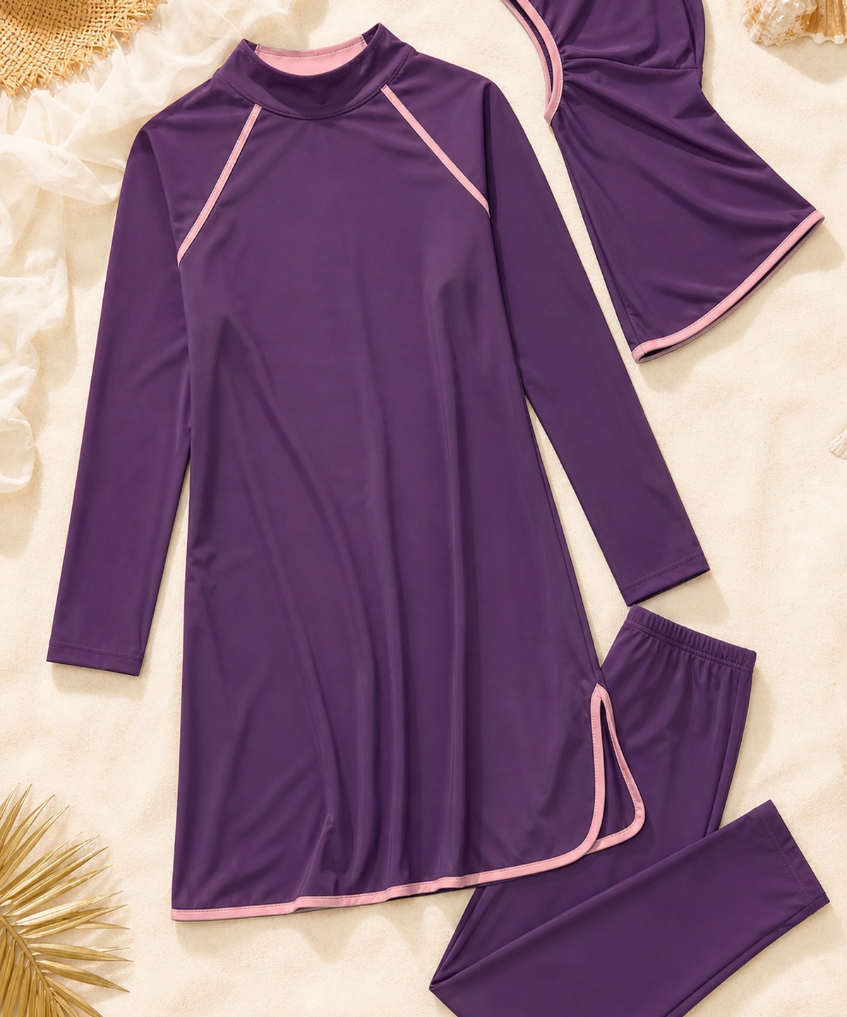 Modest swimwear set in plum and blush