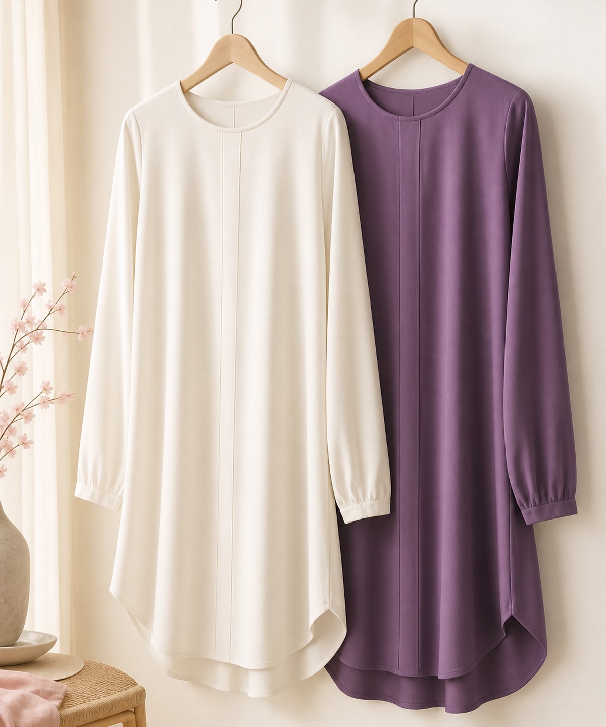 Longline tunics folded in soft neutral tones