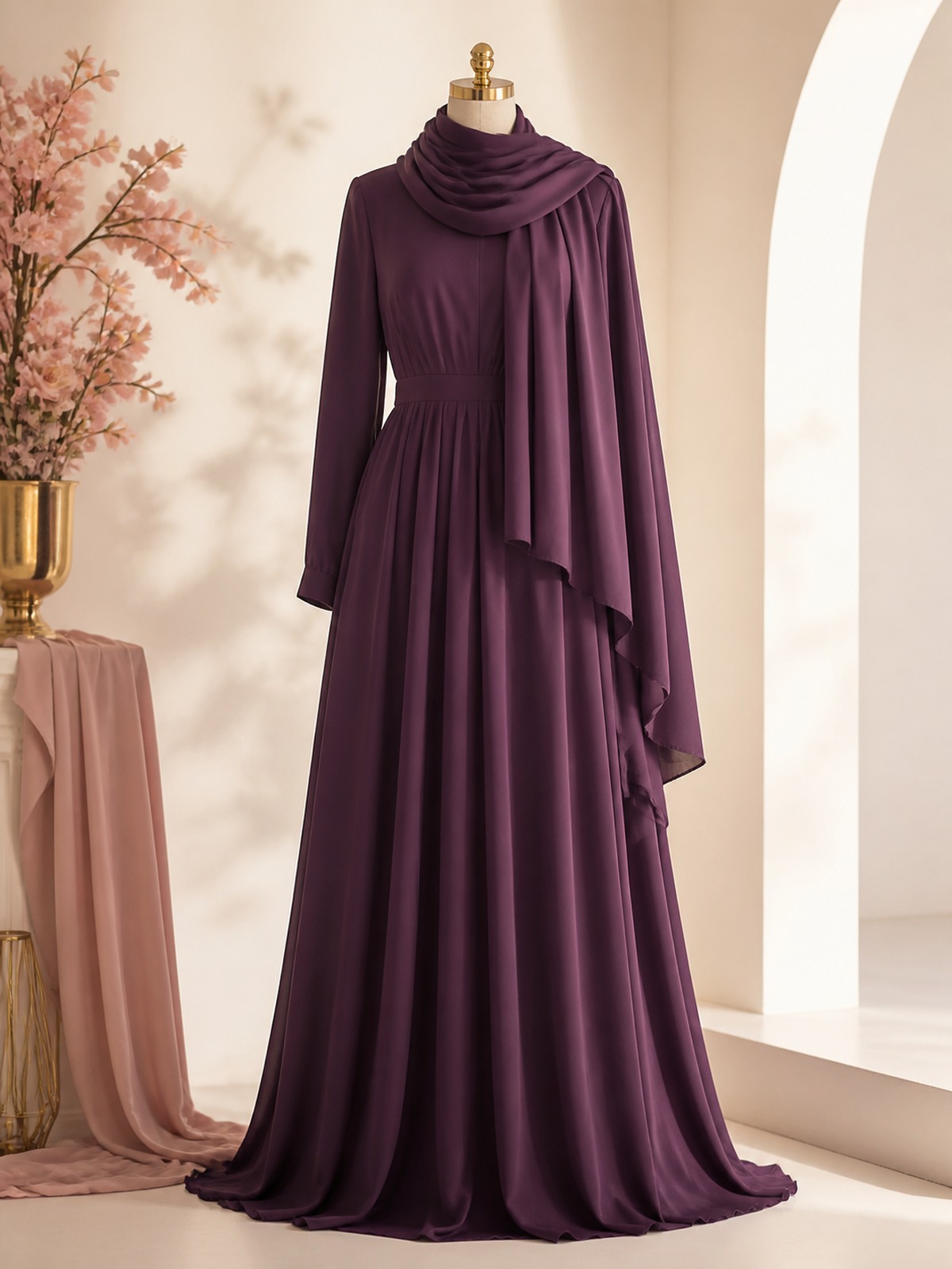 Elegant modest dress and hijab on a mannequin in soft plum tones