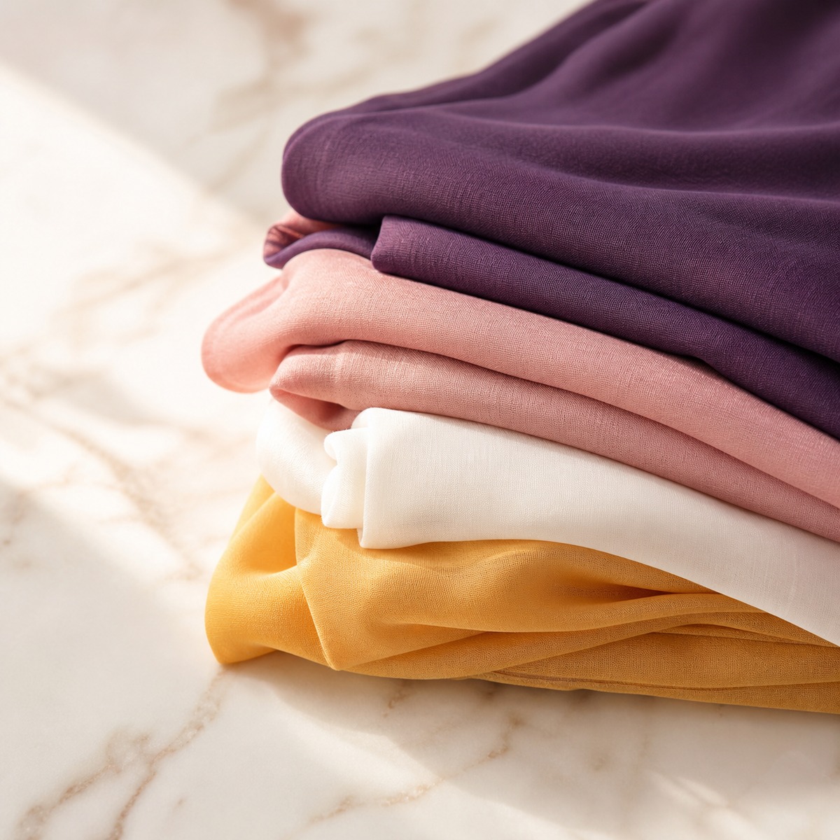 Folded hijabs in plum, blush and ivory tones