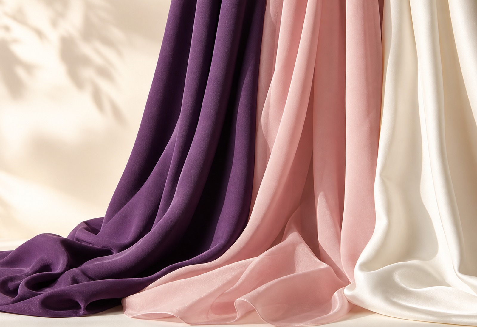 Draped modest fashion fabrics in plum, blush and ivory falling in soft folds